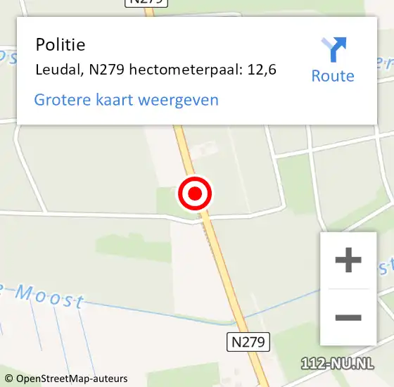 Locatie op kaart van de 112 melding: Politie Leudal, N279 hectometerpaal: 12,6 op 23 december 2022 15:35