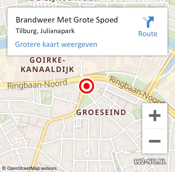 Locatie op kaart van de 112 melding: Brandweer Met Grote Spoed Naar Tilburg, Julianapark op 25 december 2022 06:58