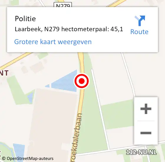 Locatie op kaart van de 112 melding: Politie Laarbeek, N279 hectometerpaal: 45,1 op 28 december 2022 19:37