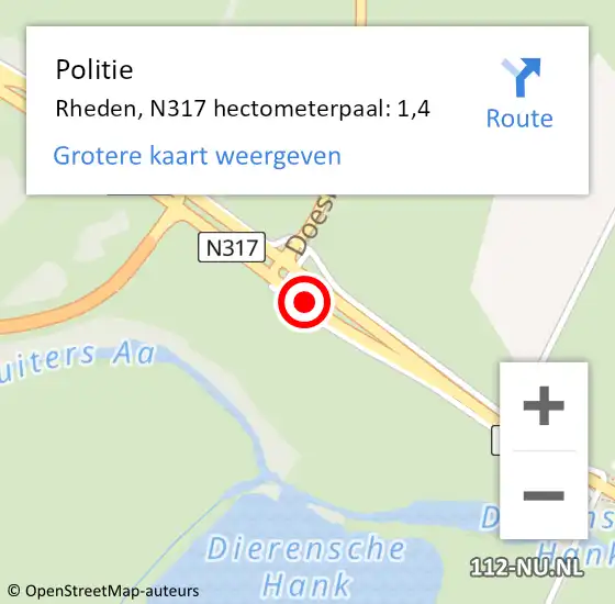 Locatie op kaart van de 112 melding: Politie Rheden, N317 hectometerpaal: 1,4 op 28 december 2022 22:28