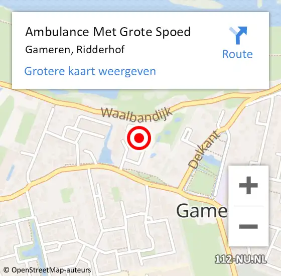 Locatie op kaart van de 112 melding: Ambulance Met Grote Spoed Naar Gameren, Ridderhof op 29 december 2022 10:24