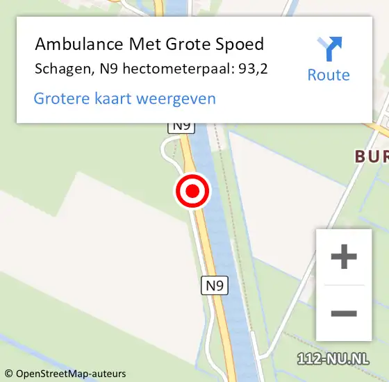 Locatie op kaart van de 112 melding: Ambulance Met Grote Spoed Naar Schagen, N9 hectometerpaal: 93,2 op 29 december 2022 10:59
