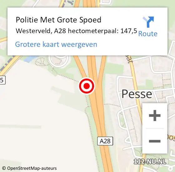 Locatie op kaart van de 112 melding: Politie Met Grote Spoed Naar Westerveld, A28 hectometerpaal: 147,5 op 29 december 2022 18:41