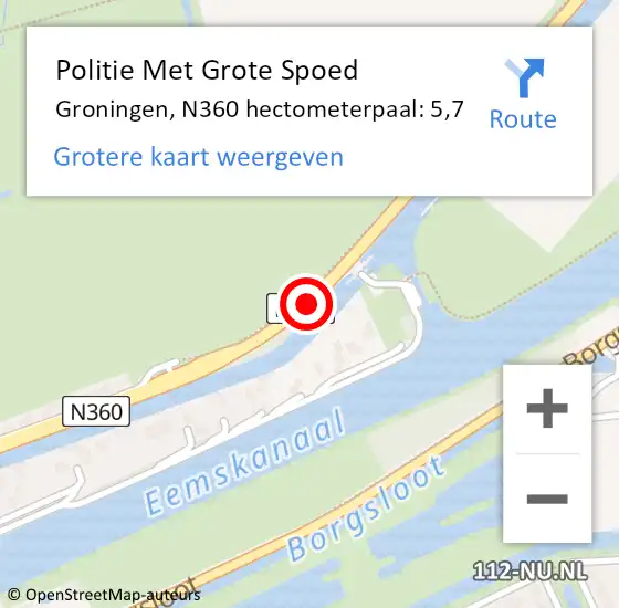 Locatie op kaart van de 112 melding: Politie Met Grote Spoed Naar Groningen, N360 hectometerpaal: 5,7 op 30 december 2022 06:19