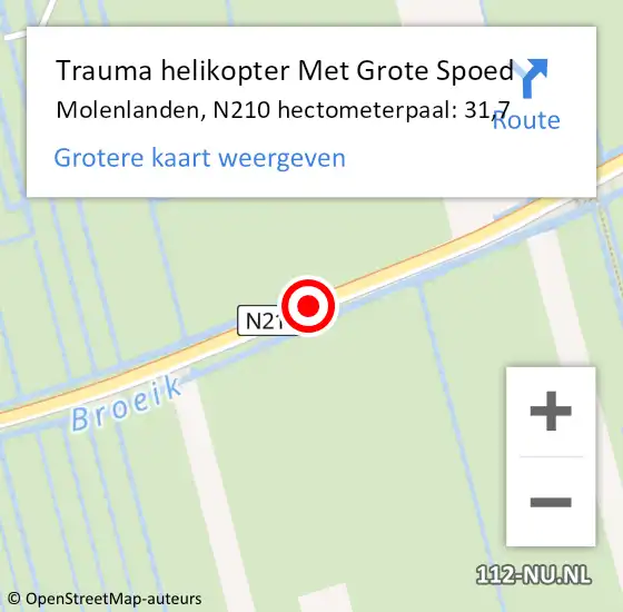 Locatie op kaart van de 112 melding: Trauma helikopter Met Grote Spoed Naar Molenlanden, N210 hectometerpaal: 31,7 op 30 december 2022 14:31
