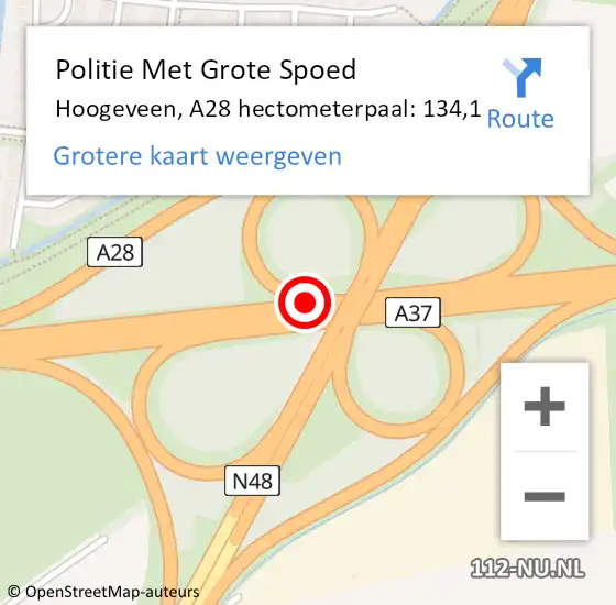 Locatie op kaart van de 112 melding: Politie Met Grote Spoed Naar Hoogeveen, A28 hectometerpaal: 134,1 op 31 december 2022 15:48