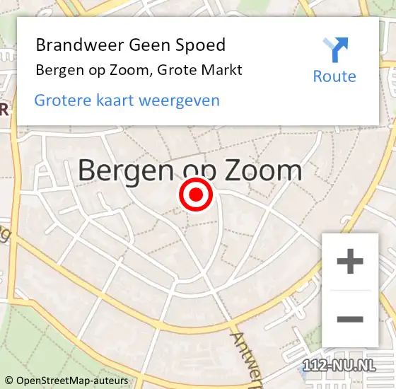 Locatie op kaart van de 112 melding: Brandweer Geen Spoed Naar Bergen op Zoom, Grote Markt op 1 januari 2023 00:21