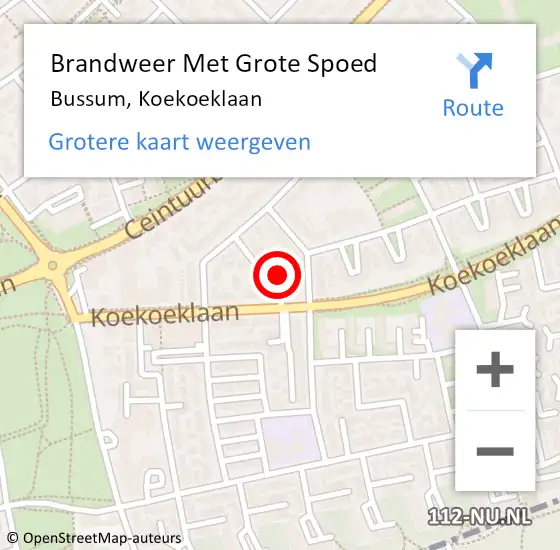 Locatie op kaart van de 112 melding: Brandweer Met Grote Spoed Naar Bussum, Koekoeklaan op 1 januari 2023 06:04