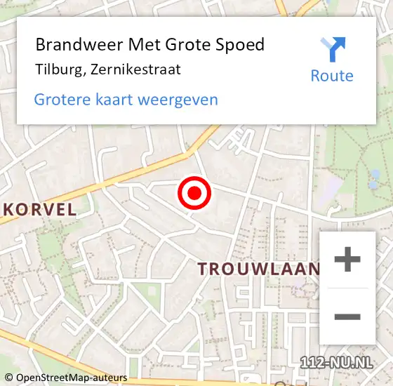 Locatie op kaart van de 112 melding: Brandweer Met Grote Spoed Naar Tilburg, Zernikestraat op 1 januari 2023 09:07