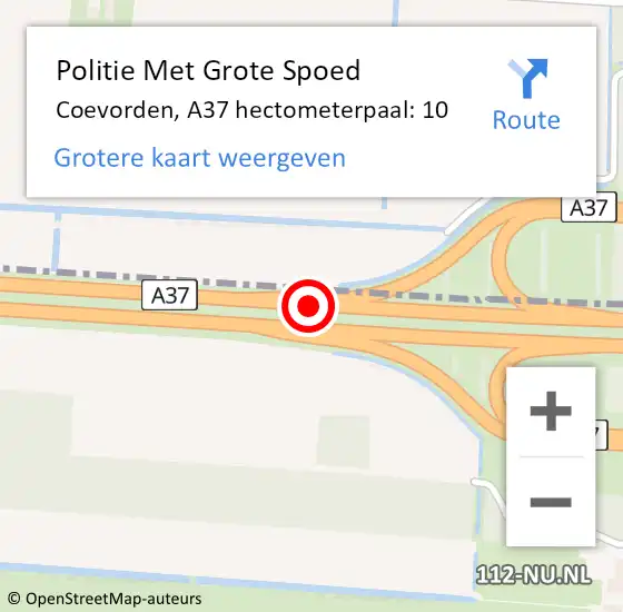 Locatie op kaart van de 112 melding: Politie Met Grote Spoed Naar Coevorden, A37 hectometerpaal: 10 op 1 januari 2023 12:55