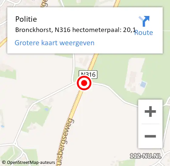 Locatie op kaart van de 112 melding: Politie Bronckhorst, N316 hectometerpaal: 20,1 op 1 januari 2023 15:38