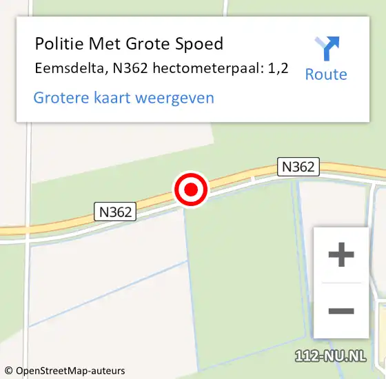 Locatie op kaart van de 112 melding: Politie Met Grote Spoed Naar Eemsdelta, N362 hectometerpaal: 1,2 op 1 januari 2023 19:45