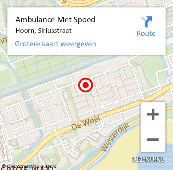 Locatie op kaart van de 112 melding: Ambulance Met Spoed Naar Hoorn, Siriusstraat op 2 januari 2023 21:49