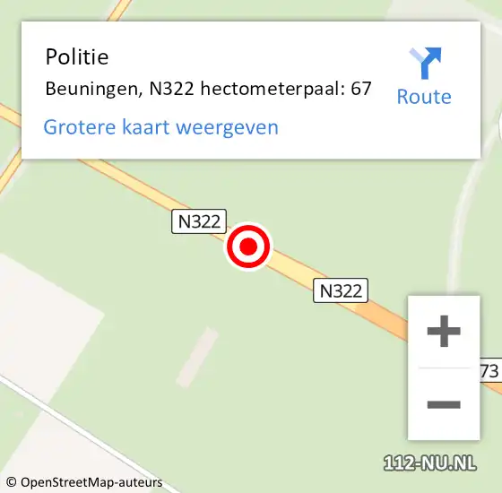 Locatie op kaart van de 112 melding: Politie Beuningen, N322 hectometerpaal: 67 op 4 januari 2023 10:31