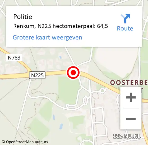 Locatie op kaart van de 112 melding: Politie Renkum, N225 hectometerpaal: 64,5 op 4 januari 2023 14:18