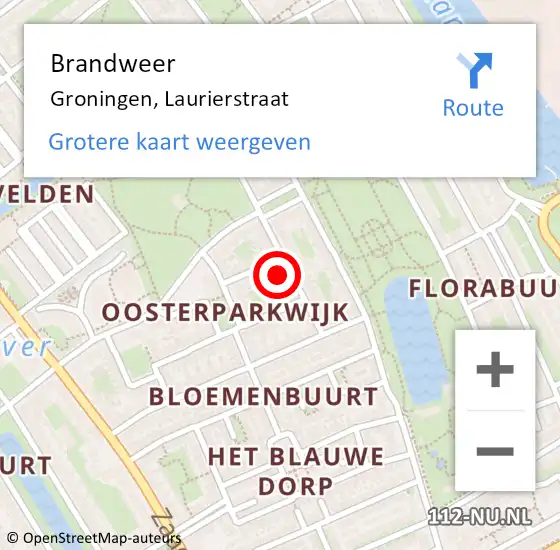 Locatie op kaart van de 112 melding: Brandweer Groningen, Laurierstraat op 7 januari 2023 03:14