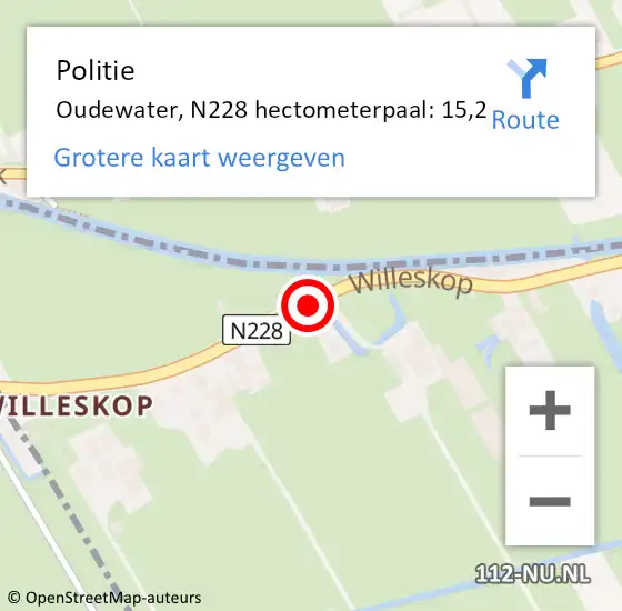 Locatie op kaart van de 112 melding: Politie Oudewater, N228 hectometerpaal: 15,2 op 7 januari 2023 04:04