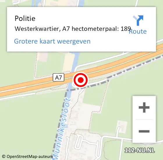 Locatie op kaart van de 112 melding: Politie Westerkwartier, A7 hectometerpaal: 189 op 7 januari 2023 16:37