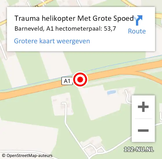 Locatie op kaart van de 112 melding: Trauma helikopter Met Grote Spoed Naar Barneveld, A1 hectometerpaal: 53,7 op 9 januari 2023 16:02
