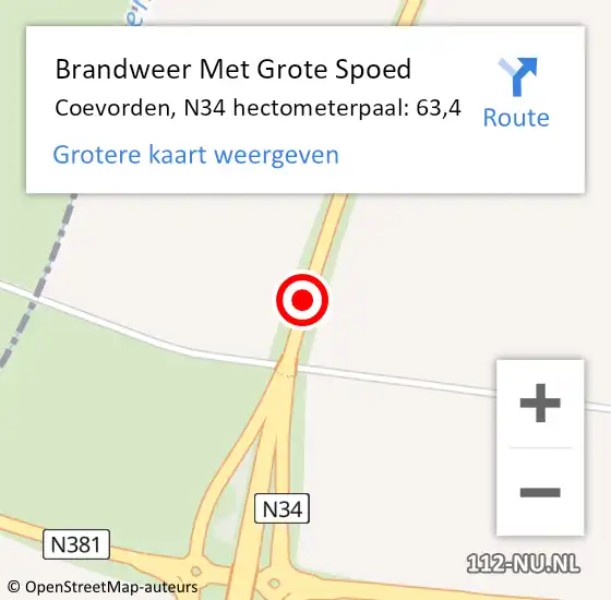 Locatie op kaart van de 112 melding: Brandweer Met Grote Spoed Naar Coevorden, N34 hectometerpaal: 63,4 op 9 januari 2023 16:42