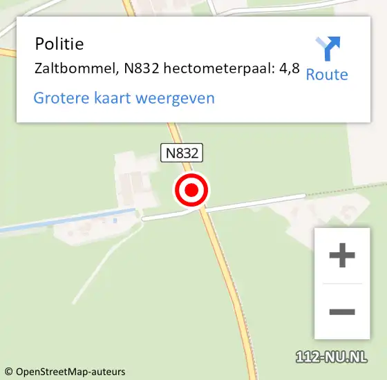 Locatie op kaart van de 112 melding: Politie Zaltbommel, N832 hectometerpaal: 4,8 op 10 januari 2023 07:58