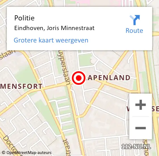 Locatie op kaart van de 112 melding: Politie Eindhoven, Joris Minnestraat op 11 januari 2023 13:29