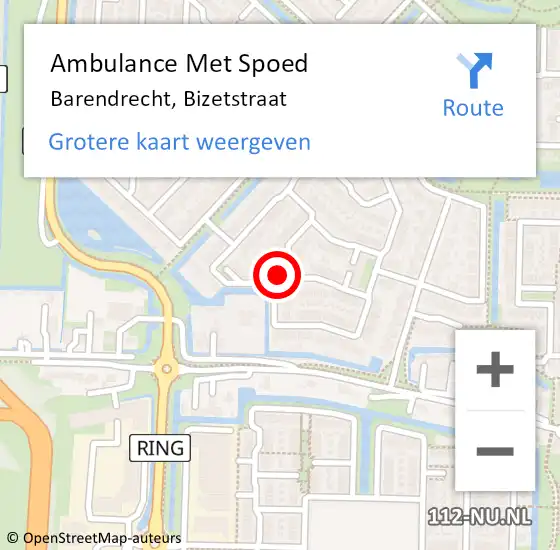 Locatie op kaart van de 112 melding: Ambulance Met Spoed Naar Barendrecht, Bizetstraat op 11 januari 2023 14:02