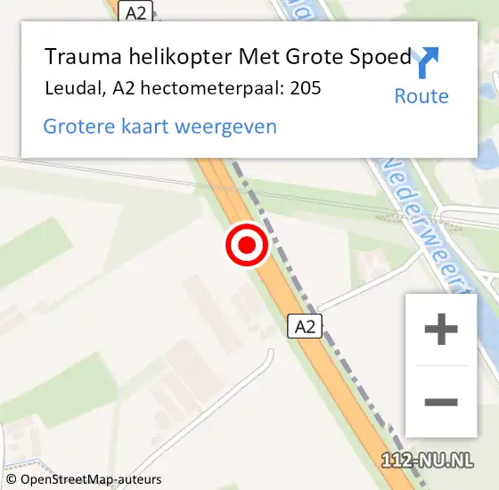 Locatie op kaart van de 112 melding: Trauma helikopter Met Grote Spoed Naar Leudal, A2 hectometerpaal: 205 op 12 januari 2023 08:12