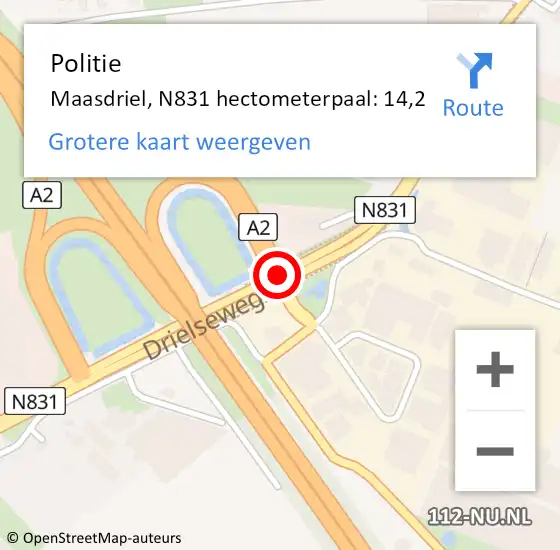 Locatie op kaart van de 112 melding: Politie Maasdriel, N831 hectometerpaal: 14,2 op 12 januari 2023 08:31