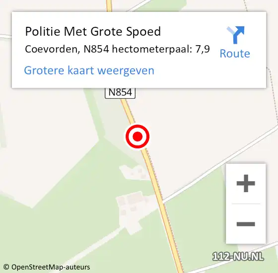 Locatie op kaart van de 112 melding: Politie Met Grote Spoed Naar Coevorden, N854 hectometerpaal: 7,9 op 12 januari 2023 15:51
