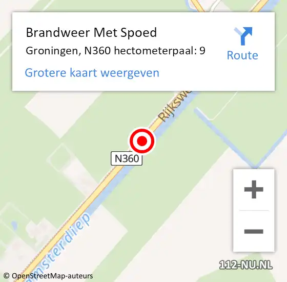 Locatie op kaart van de 112 melding: Brandweer Met Spoed Naar Groningen, N360 hectometerpaal: 9 op 12 januari 2023 16:34
