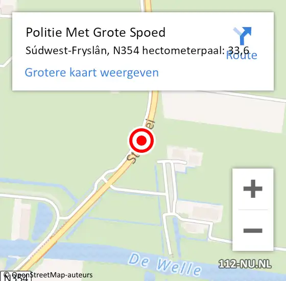 Locatie op kaart van de 112 melding: Politie Met Grote Spoed Naar Súdwest-Fryslân, N354 hectometerpaal: 33,6 op 13 januari 2023 11:08