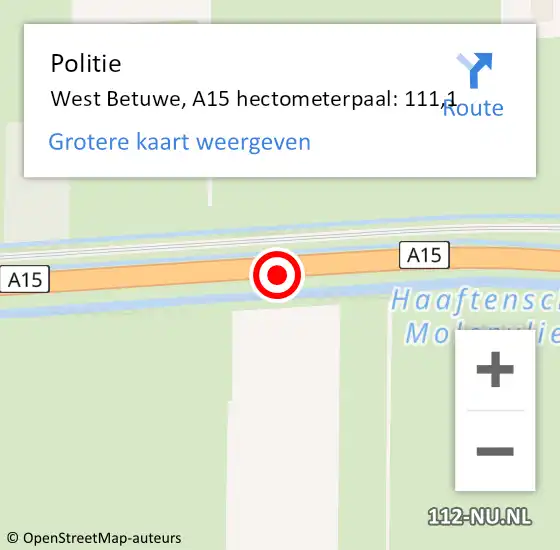 Locatie op kaart van de 112 melding: Politie West Betuwe, A15 hectometerpaal: 111,1 op 14 januari 2023 13:47