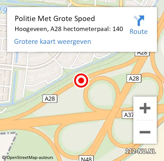 Locatie op kaart van de 112 melding: Politie Met Grote Spoed Naar Hoogeveen, A28 hectometerpaal: 140 op 14 januari 2023 21:00