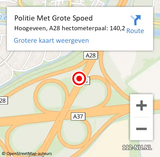 Locatie op kaart van de 112 melding: Politie Met Grote Spoed Naar Hoogeveen, A28 hectometerpaal: 140,2 op 15 januari 2023 00:21