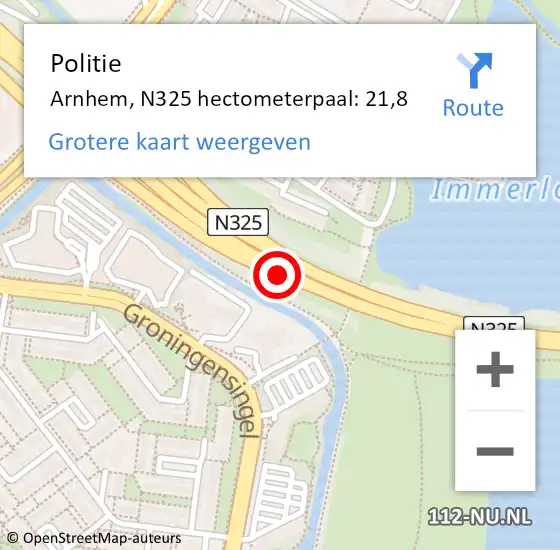 Locatie op kaart van de 112 melding: Politie Arnhem, N325 hectometerpaal: 21,8 op 16 januari 2023 13:50