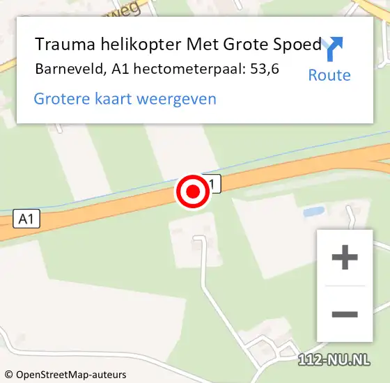 Locatie op kaart van de 112 melding: Trauma helikopter Met Grote Spoed Naar Barneveld, A1 hectometerpaal: 53,6 op 17 januari 2023 15:29