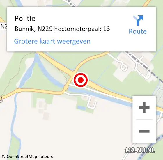 Locatie op kaart van de 112 melding: Politie Bunnik, N229 hectometerpaal: 13 op 17 januari 2023 17:08