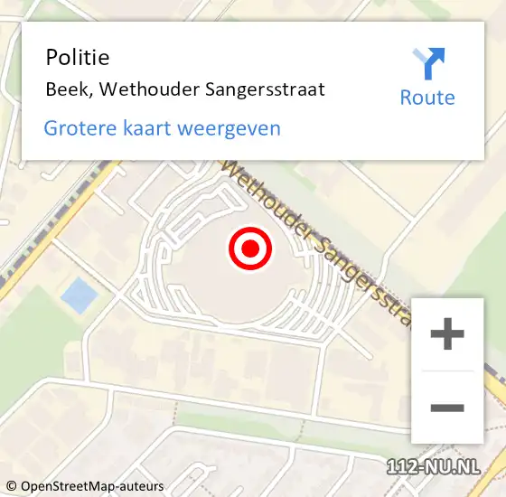 Locatie op kaart van de 112 melding: Politie Beek, Wethouder Sangersstraat op 18 januari 2023 13:02