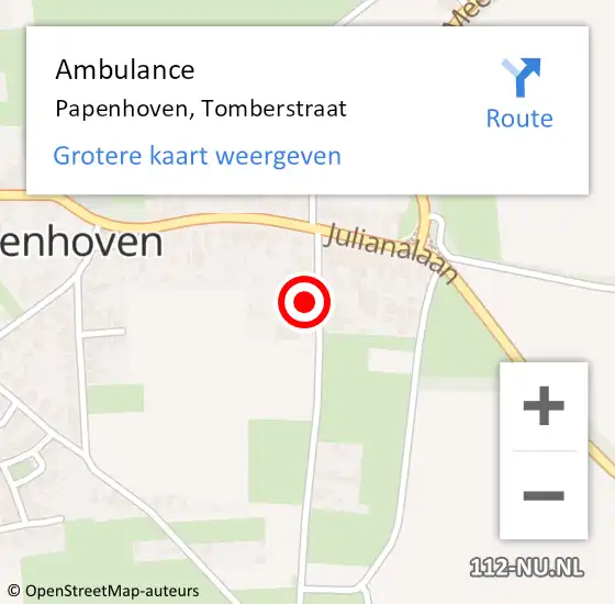 Locatie op kaart van de 112 melding: Ambulance Papenhoven, Tomberstraat op 12 augustus 2014 15:55