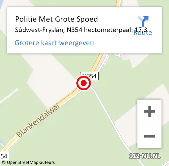 Locatie op kaart van de 112 melding: Politie Met Grote Spoed Naar Súdwest-Fryslân, N354 hectometerpaal: 17,3 op 18 januari 2023 19:11