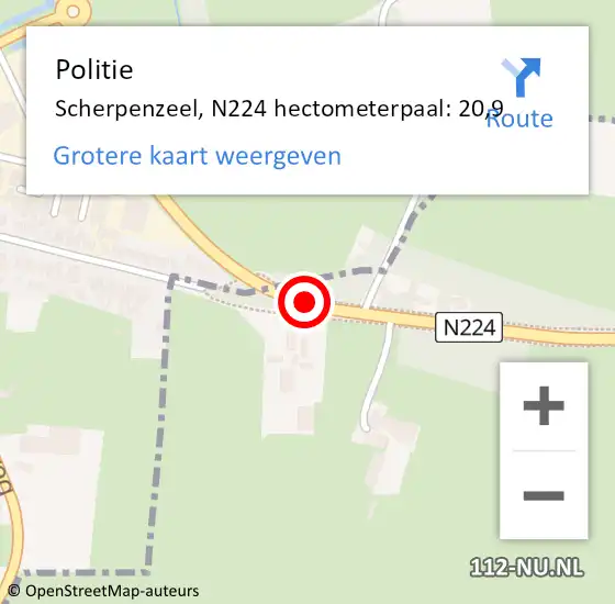 Locatie op kaart van de 112 melding: Politie Scherpenzeel, N224 hectometerpaal: 20,9 op 18 januari 2023 23:16