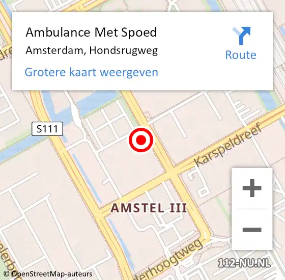 Locatie op kaart van de 112 melding: Ambulance Met Spoed Naar Amsterdam, Hondsrugweg op 19 januari 2023 10:23
