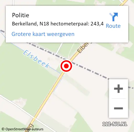 Locatie op kaart van de 112 melding: Politie Berkelland, N18 hectometerpaal: 243,4 op 19 januari 2023 13:37