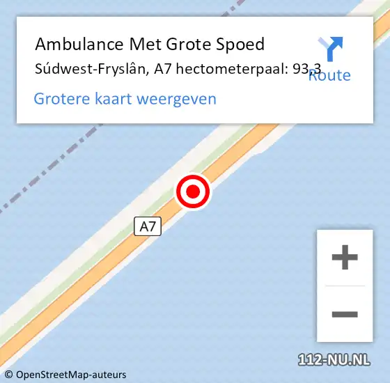 Locatie op kaart van de 112 melding: Ambulance Met Grote Spoed Naar Súdwest-Fryslân, A7 hectometerpaal: 93,3 op 20 januari 2023 06:20