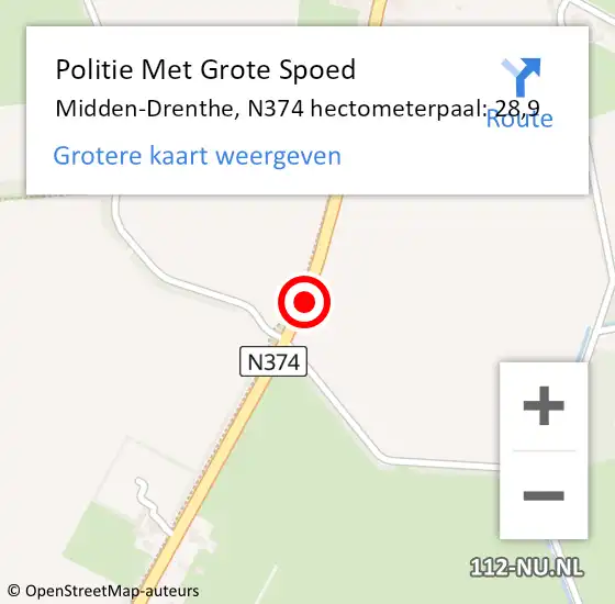 Locatie op kaart van de 112 melding: Politie Met Grote Spoed Naar Midden-Drenthe, N374 hectometerpaal: 28,9 op 20 januari 2023 20:30
