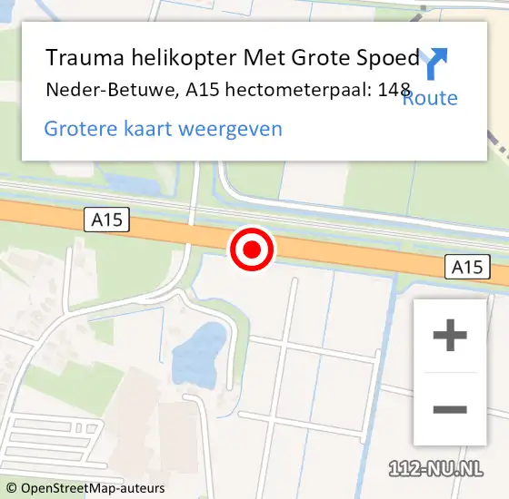Locatie op kaart van de 112 melding: Trauma helikopter Met Grote Spoed Naar Neder-Betuwe, A15 hectometerpaal: 148 op 21 januari 2023 06:27