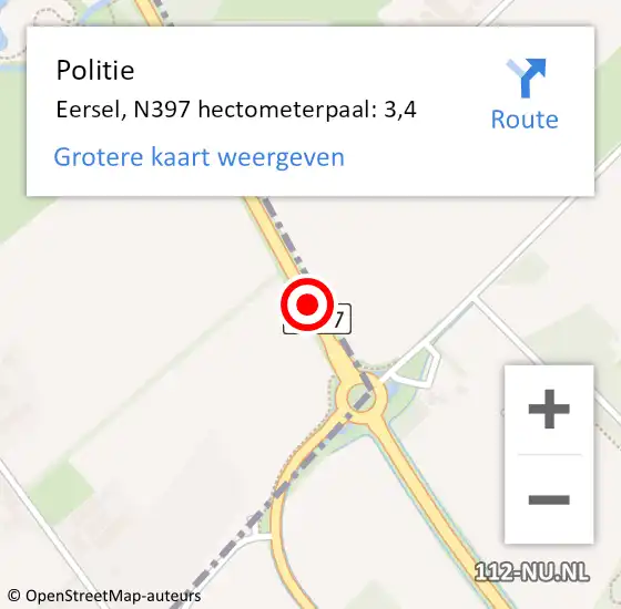 Locatie op kaart van de 112 melding: Politie Eersel, N397 hectometerpaal: 3,4 op 21 januari 2023 16:04
