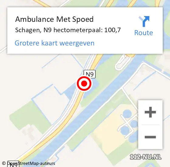 Locatie op kaart van de 112 melding: Ambulance Met Spoed Naar Schagen, N9 hectometerpaal: 100,7 op 21 januari 2023 20:23