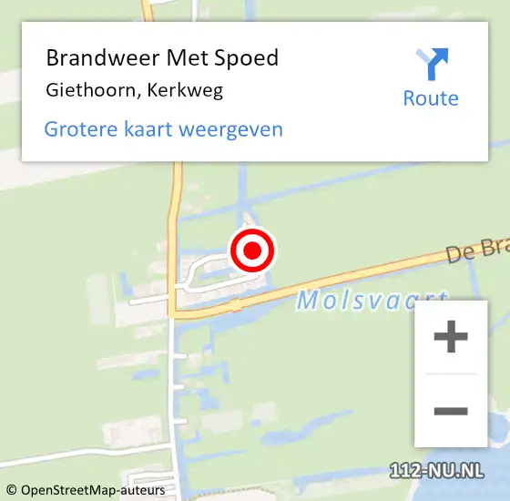 Locatie op kaart van de 112 melding: Brandweer Met Spoed Naar Giethoorn, Kerkweg op 22 januari 2023 09:02
